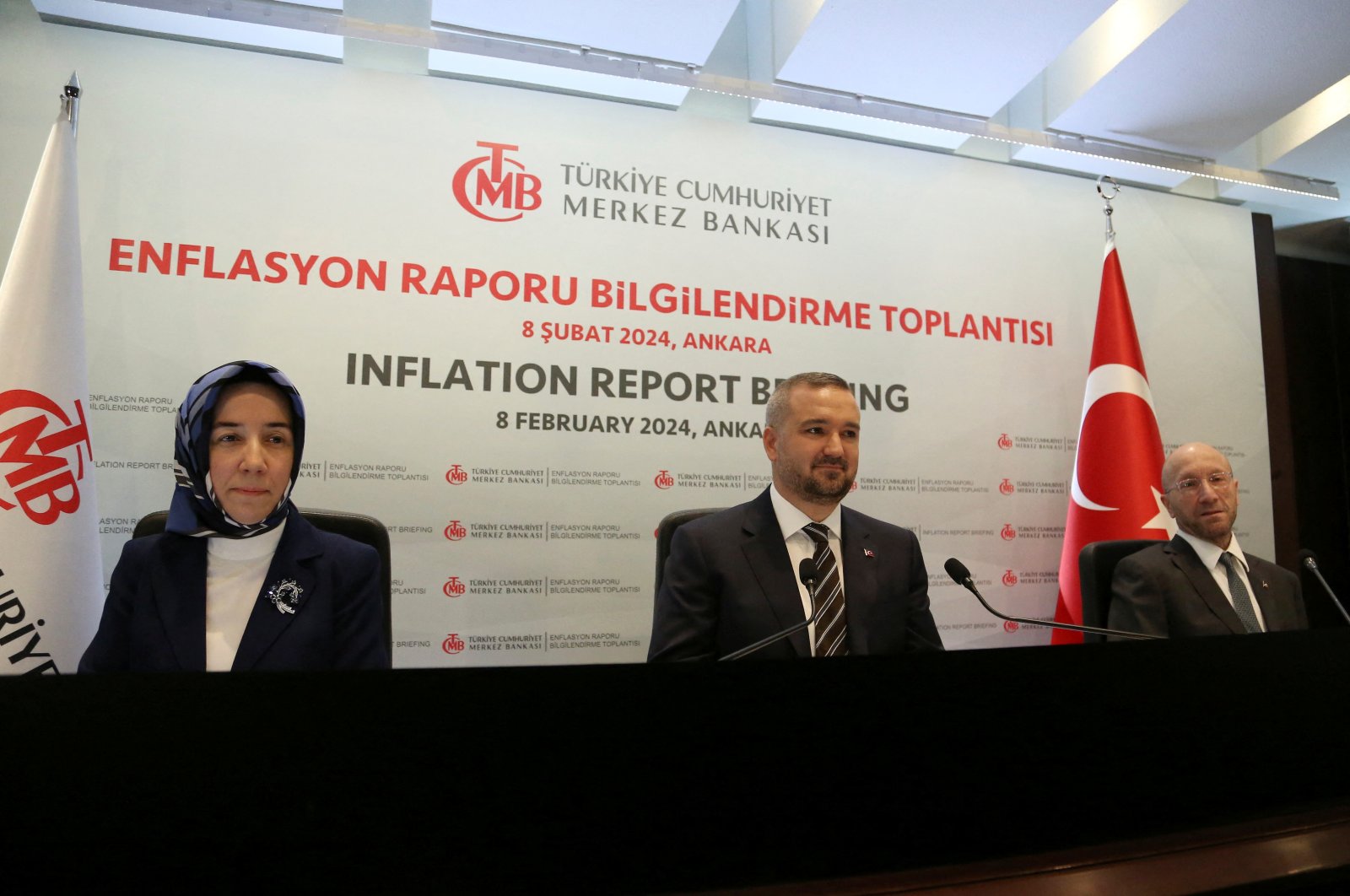 Central Bank of the Republic of Türkiye (CBRT) Governor Fatih Karahan, accompanied by his deputies Hatice Karahan and Cevdet Akçay, attends a news conference, Ankara, Türkiye, Feb. 8, 2024. (Reuters Photo)