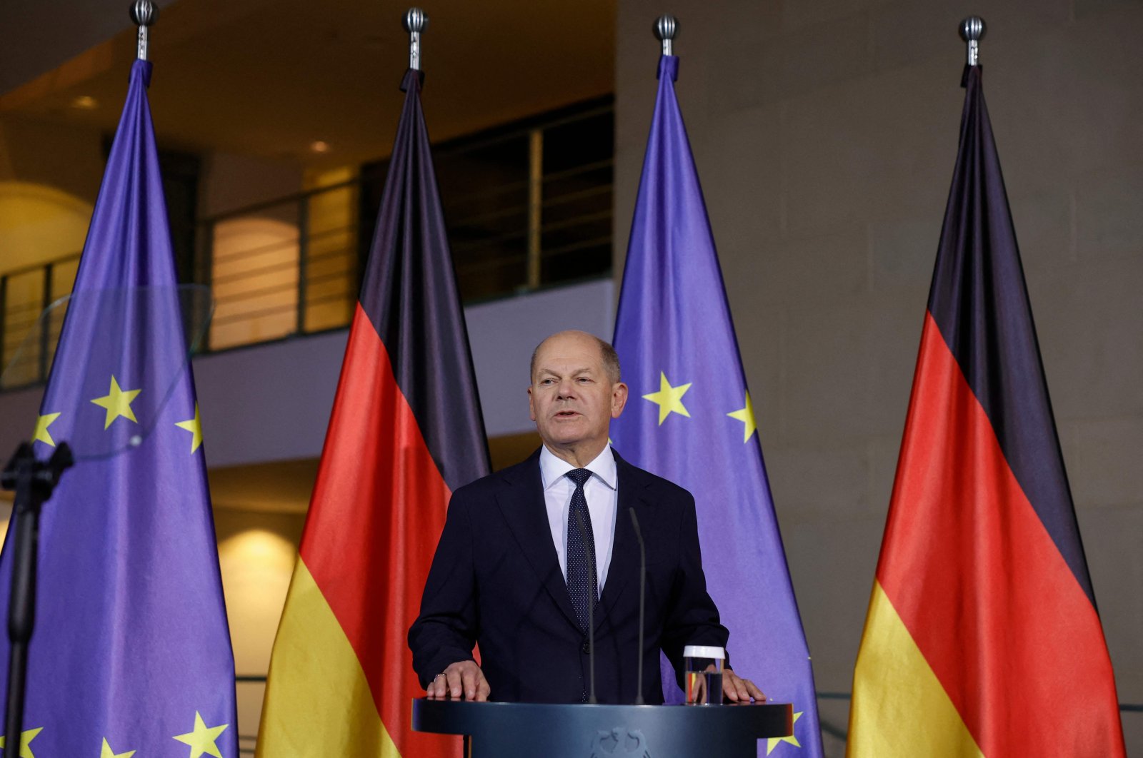 German Chancellor Olaf Scholz addresses a news conference at the Chancellery in Berlin after a coalition committee meeting, Nov. 6, 2024. (AFP Photo)