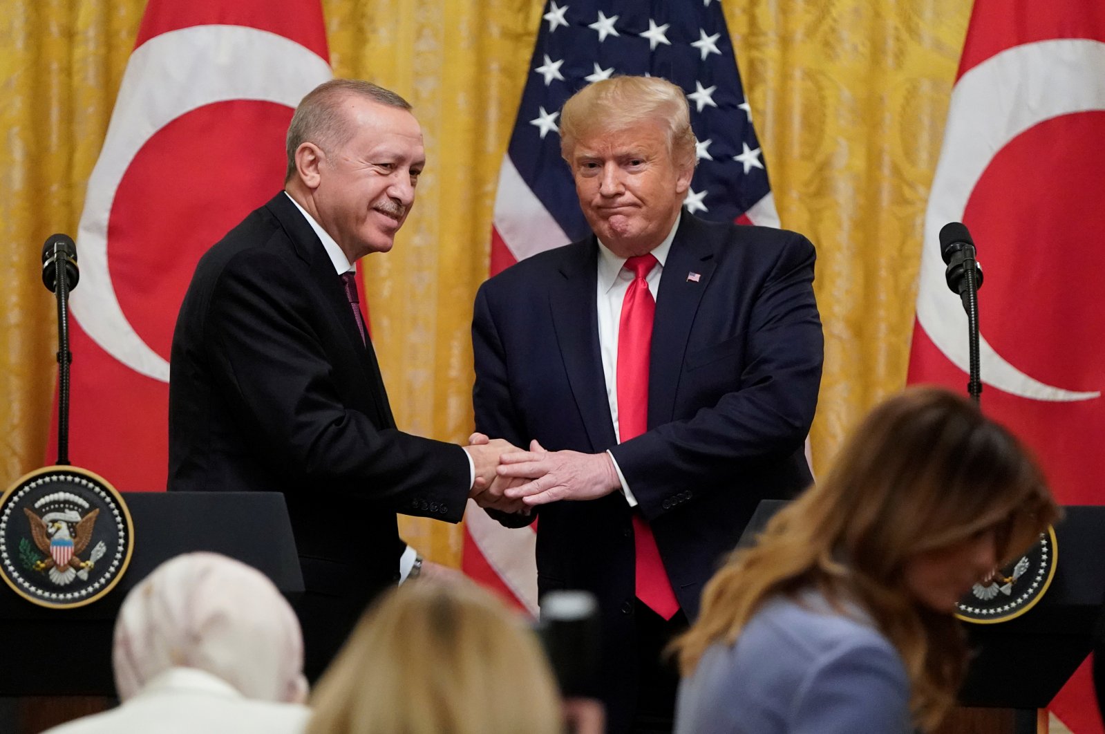 U.S. President Donald Trump and President Tayyip Erdoğan shake hands at the end of a joint news conference at the White House in Washington, U.S., Nov.13, 2019. (Reuters File Photo)