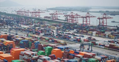 Shipping containers are seen at Nanjing port in Nanjing, in eastern Jiangsu province, China, Oct. 17, 2024. (AFP Photo)