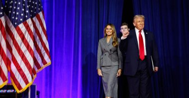 U.S. President-elect Donald Trump arrives with former first lady Melania Trump and their son Barron Trump to speak at an election night event at the Palm Beach Convention Center, West Palm Beach, Florida, U.S. Nov. 06, 2024. (AFP Photo)