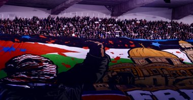 PSG fans&#039; &#039;Free Palestine&#039; banner shows before Champions League match against Atletico Madrid at the Parc des Princes, Paris, France, Nov. 7, 2024. (AA Photo)