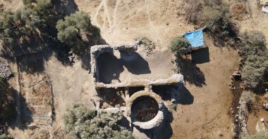 An aerial view of the Roman-era bathhouse where mosaics and ancient pieces were found, Herakleia, Muğla, Türkiye, Nov. 7, 2024. (AA Photo)