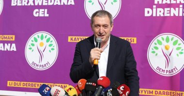DEM Party co-Chair Tuncer Bakırhan speaks at a protest in Mardin, southeastern Türkiye, Nov. 5, 2024. (AA Photo)