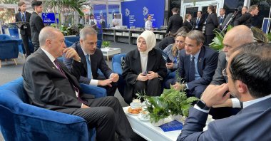(L-R) President Recep Tayyip Erdoğan, Greek Prime Minister Kyriakos Mitsotakis, and Greek Cyprus&#039; President Nikos Christodoulides talk during the European Political Community Summit at the Puskas Arena, in Budapest, Hungary, Nov. 7, 2024. (Reuters Photo)