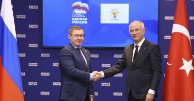 AK Party Deputy Chair Efkan Ala (R) shakes hands with Vladimir Yakushev, first deputy speaker of the Federation Council (L), Moscow, Russia, Nov. 7, 2024. (AA Photo)