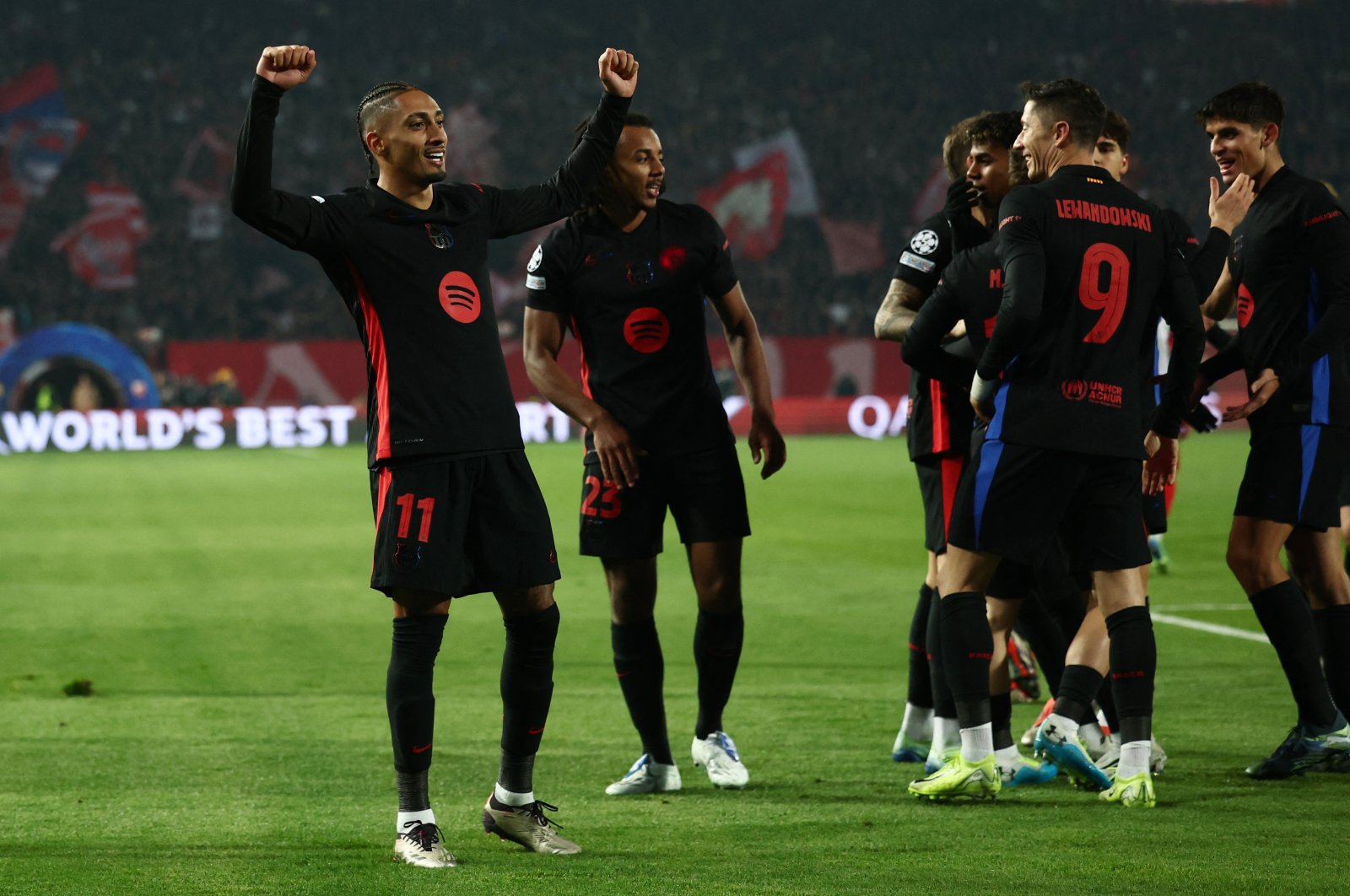 Barcelona&#039;s Raphinha (L) celebrates scoring his team&#039;s fourth goal during the Champions League match against Crvena Zvezda at the Rajko Mitic Stadium, Belgrade, Serbia, Nov. 6, 2024. (Reuters Photo)