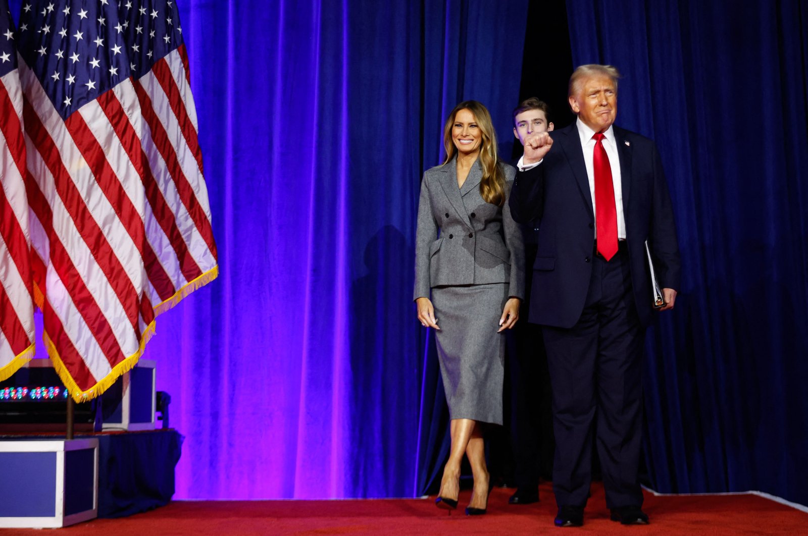 U.S. President-elect Donald Trump arrives with former first lady Melania Trump and their son Barron Trump to speak at an election night event at the Palm Beach Convention Center, West Palm Beach, Florida, U.S. Nov. 06, 2024. (AFP Photo)