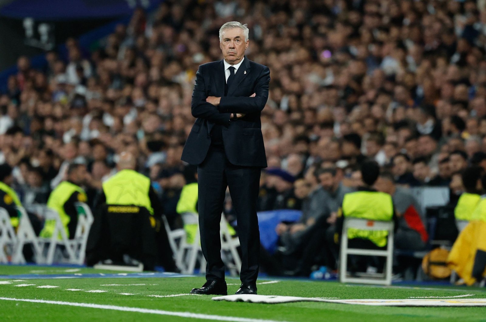 Real Madrid&#039;s coach Carlo Ancelotti looks on during the UEFA Champions League, league phase Day 4 football match against AC Milan at the Santiago Bernabeu stadium, Madrid, Spain, Nov. 5, 2024. (AFP Photo)