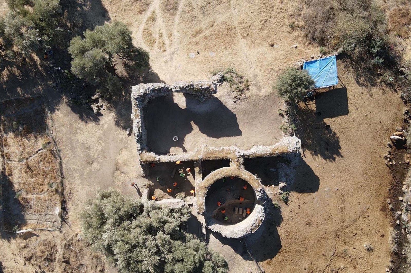 An aerial view of the Roman-era bathhouse where mosaics and ancient pieces were found, Herakleia, Muğla, Türkiye, Nov. 7, 2024. (AA Photo)