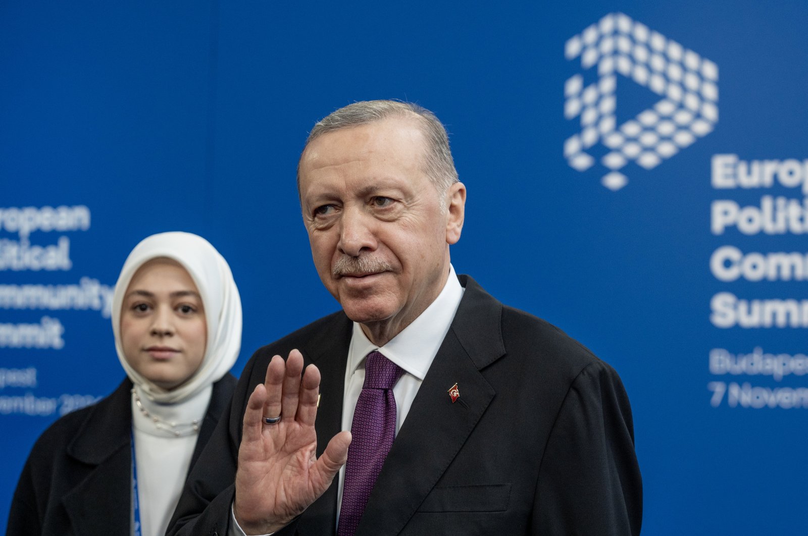 President Recep Tayyip Erdoğan talks to the press upon arrival at the 5th summit of the European Political Community (EPC) in Puskas Arena in Budapest, Hungary, Nov. 7, 2024. (EPA Photo)