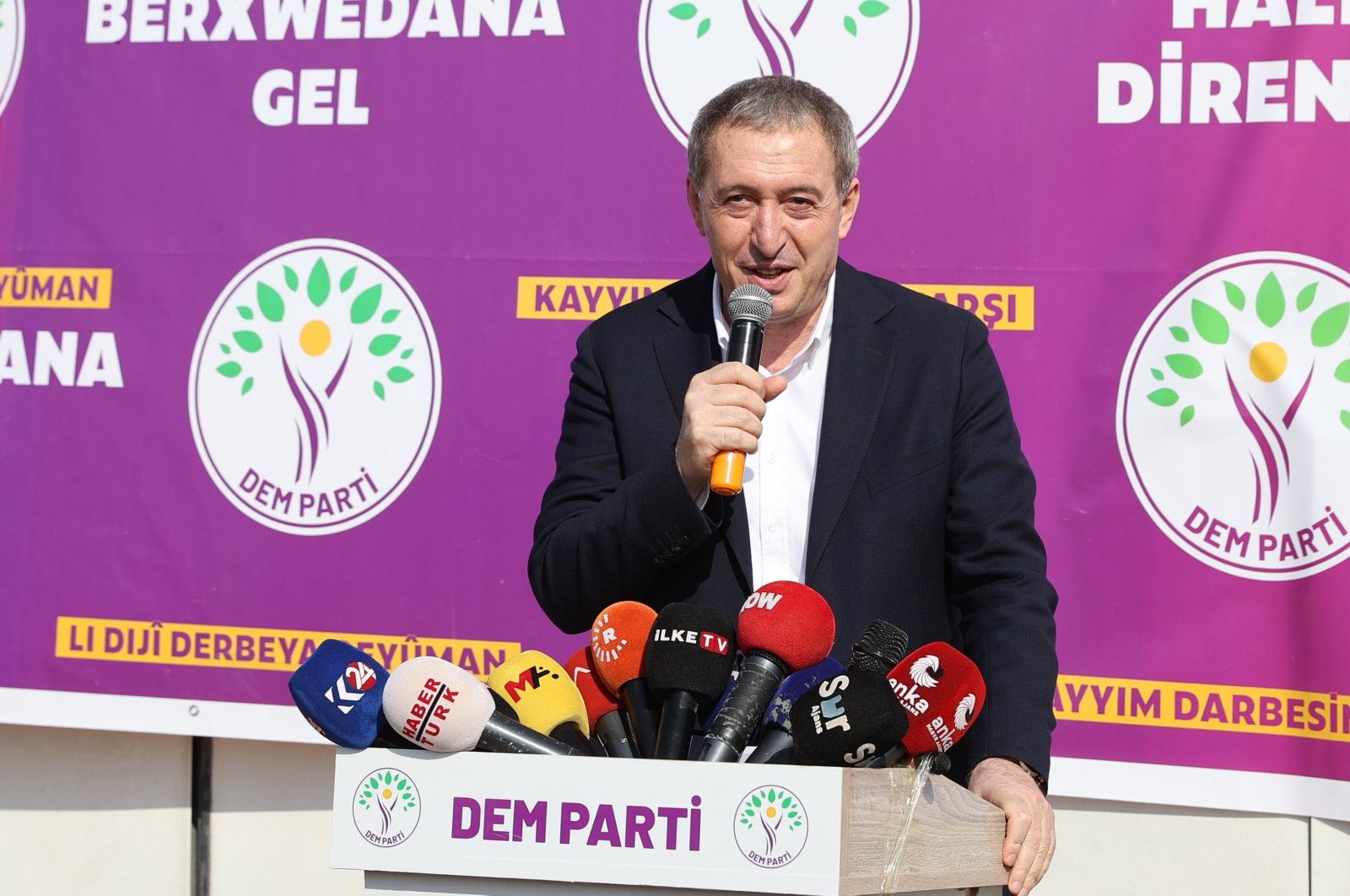 DEM Party co-Chair Tuncer Bakırhan speaks at a protest in Mardin, southeastern Türkiye, Nov. 5, 2024. (AA Photo)