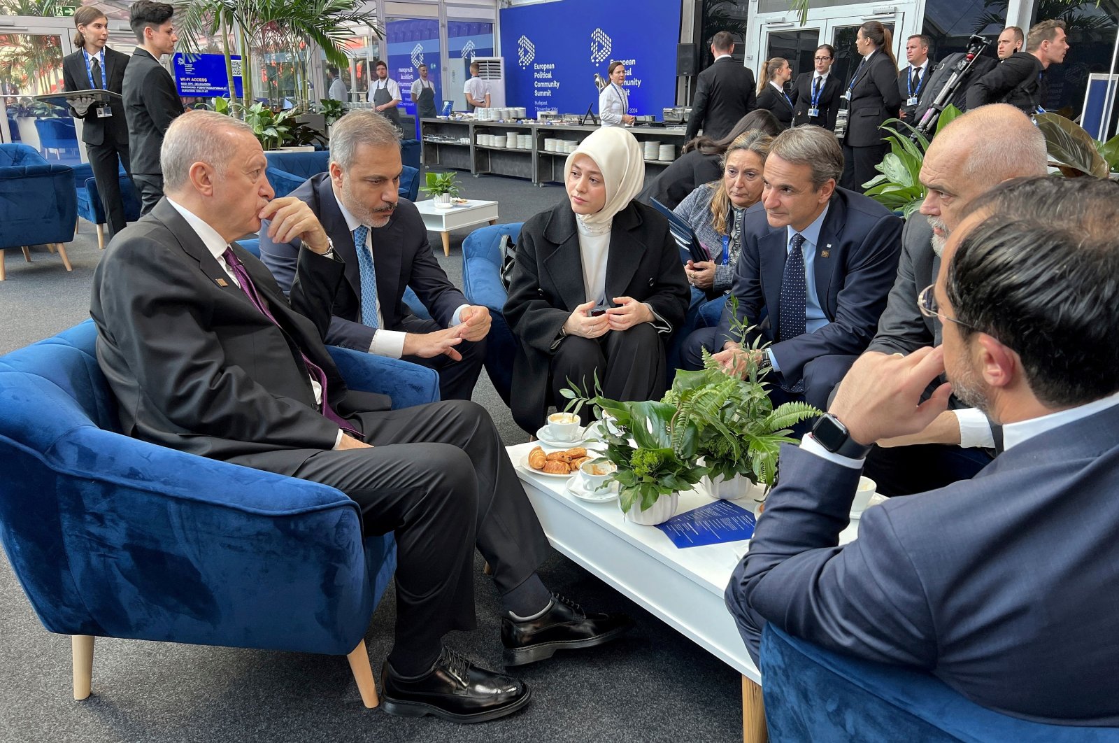 (L-R) President Recep Tayyip Erdoğan, Greek Prime Minister Kyriakos Mitsotakis, and Greek Cyprus&#039; President Nikos Christodoulides talk during the European Political Community Summit at the Puskas Arena, in Budapest, Hungary, Nov. 7, 2024. (Reuters Photo)