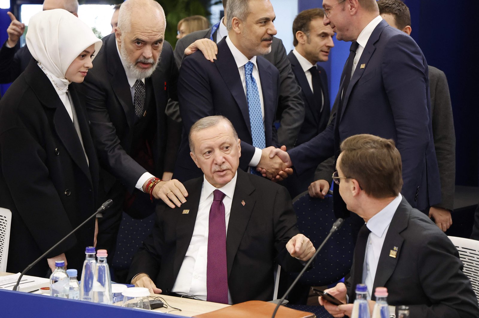 Albania&#039;s Prime Minister Edi Rama (L-2) greets President Recep Tayyip Erdoğan (C) ahead of a round table as part of the European Political Community (EPC) in Puskas Arena in Budapest, Hungary, Nov. 7, 2024. (AFP Photo)