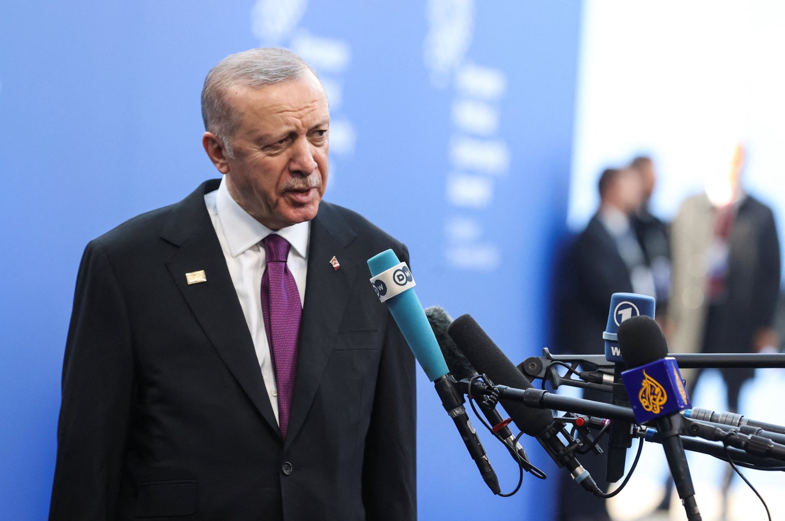 President Recep Tayyip Erdoğan speaks to the media as he attends the European Political Community Summit at the Puskas Arena, in Budapest, Hungary, Nov. 7, 2024. (Reuters Photo)