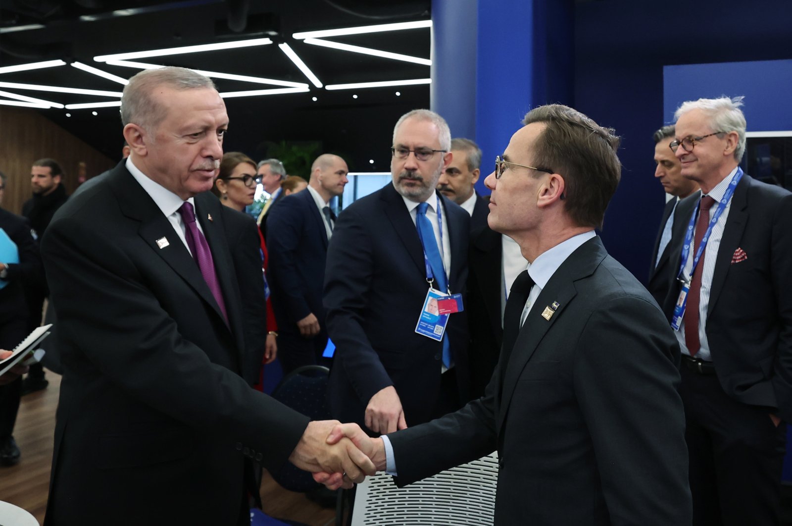 President Recep Tayyip Erdoğan and NATO chief Mark Rutte shake hands at the EPC Summit in Budapest, Nov. 7, 2024. (AA Photo)