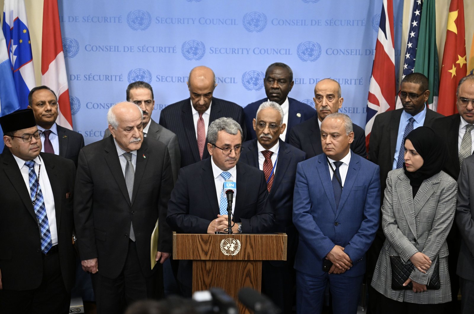 Türkiye&#039;s U.N. envoy Ahmet Yıldız speaks to reporters at U.N. headquarters, Nov. 7, 2024. (AA Photo)