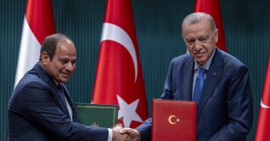 President Recep Tayyip Erdoğan and Egyptian President Abdel Fattah el-Sissi pose during a bilateral signature agreements ceremony in Ankara, Türkiye, Sept. 4, 2024. (AP Photo)
