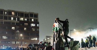 Pro-Palestinians demonstrate at Amsterdam's Anton de Komplein square ahead of the UEFA Europa League football match between Ajax and Maccabi Tel Aviv, Amsterdam, Netherlands, Nov. 7, 2024. (AFP Photo)