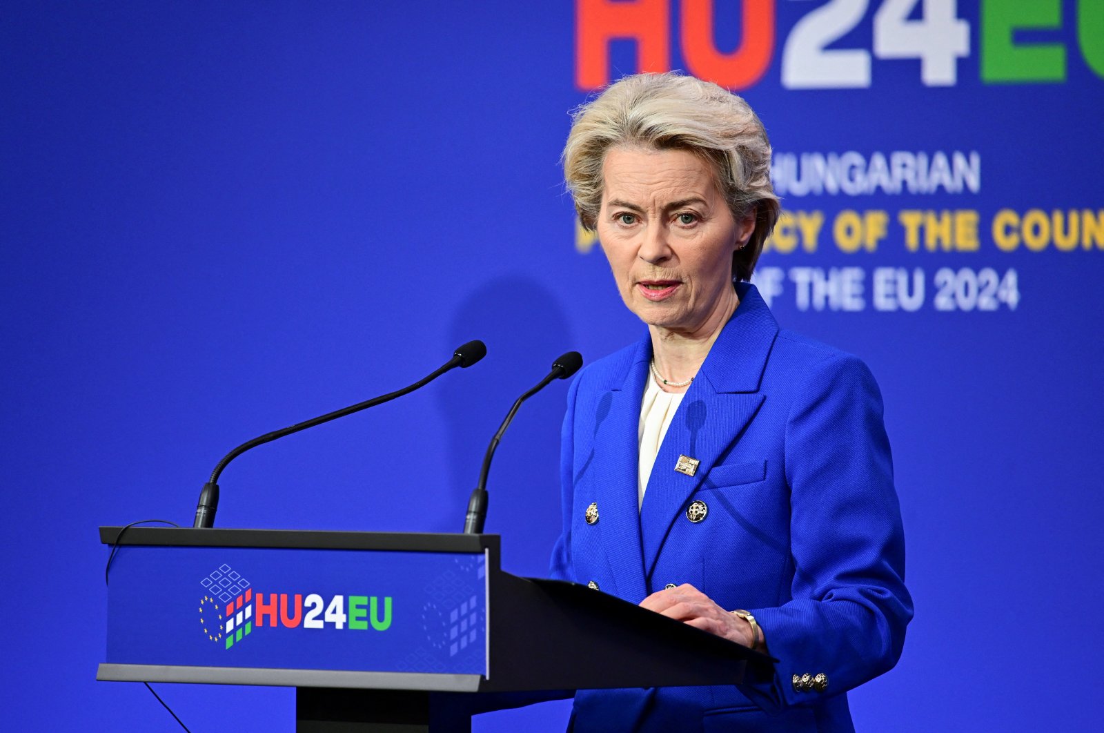 European Commission President Ursula von der Leyen speaks during a press conference during the informal EU Summit at the Puskas Arena, in Budapest, Hungary, Nov. 8, 2024. (Reuters Photo)