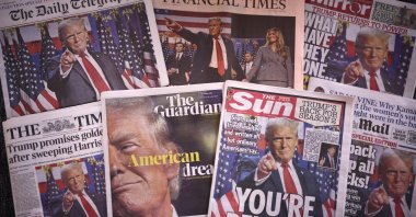 The front pages of some of Britain&#039;s national newspapers about the reelection of U.S. President-elect Donald Trump. London, U.K., Nov. 7, 2024. (AFP Photo)