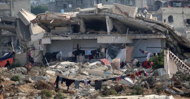 A view of a severely damaged house used as a shelter by displaced Palestinians, in the al-Bureij refugee camp in the central Gaza Strip, Palestine, Nov. 10, 2024. (AFP Photo)