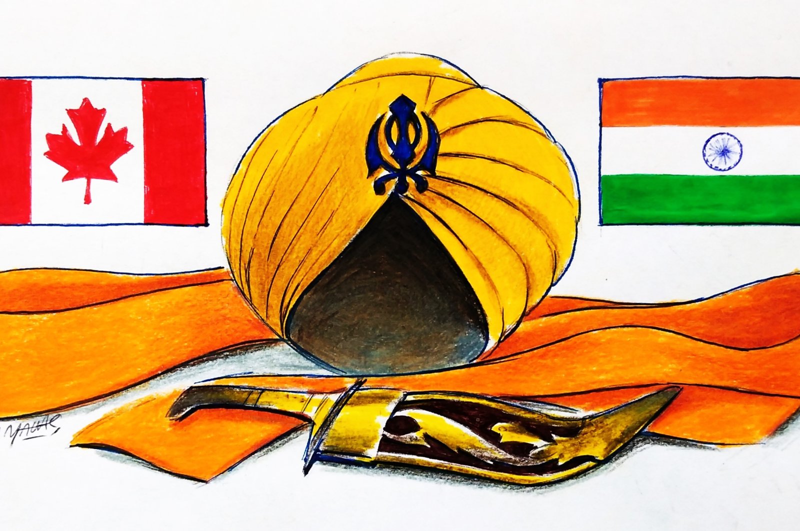 "Canada accused Indian government agents of collecting information on Canadians of South Asian origin, including Sikh activists, and passing that on to an organized crime network to carry out extortion, intimidation and murder." (Illustration by Erhan Yalvaç)