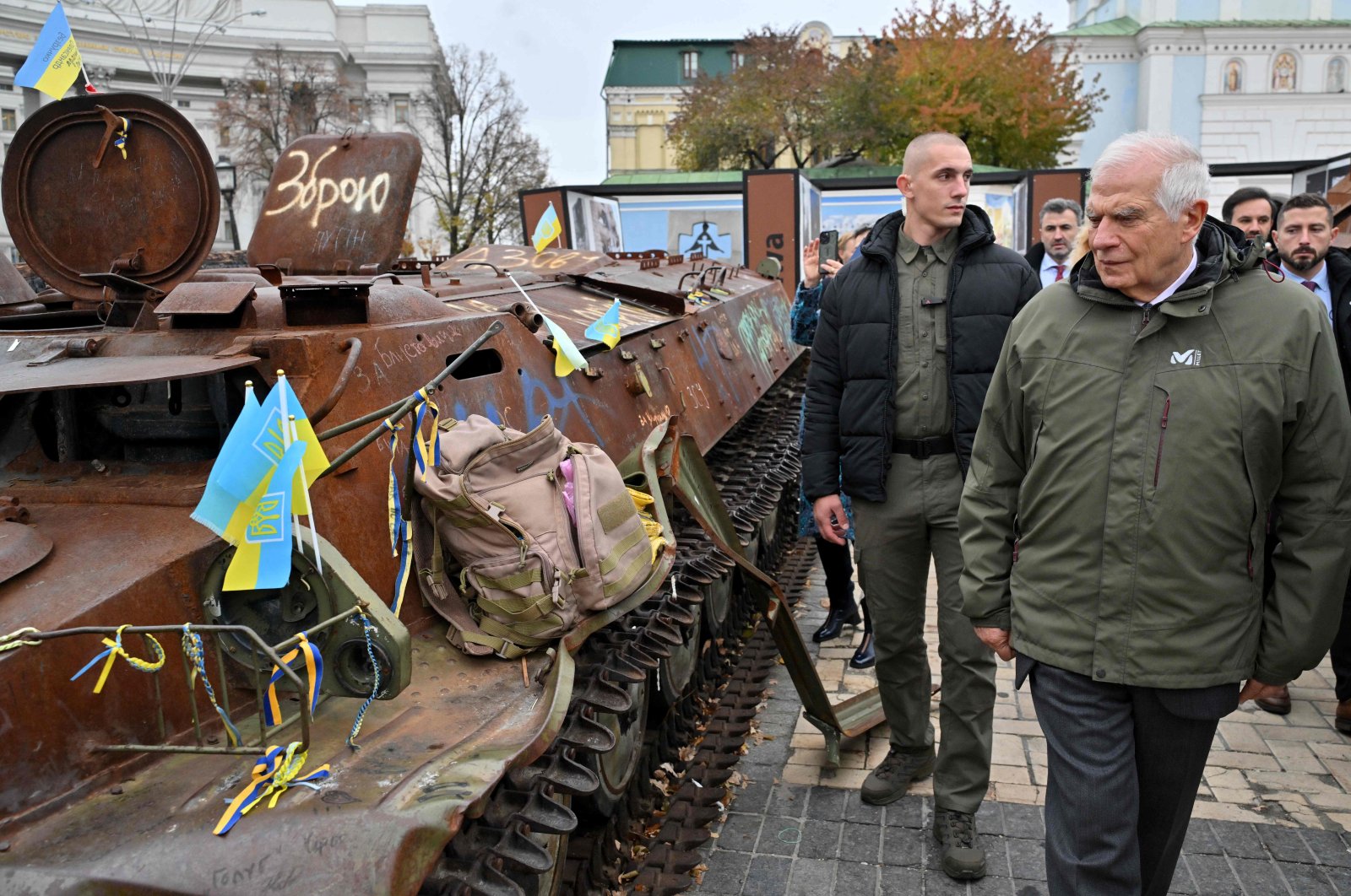 EU top diplomat Josep Borrell (R) examines destroyed Russian military equipment in Kyiv, Ukraine, Nov. 9, 2024. (AFP Photo)