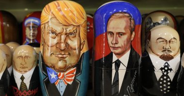 Traditional Russian wooden dolls, Matryoshka, depicting  U.S. President-elect Donald Trump and Russia's President Vladimir Putin at a souvenir shop in St. Petersburg, Russia, Nov. 6, 2024. (AP Photo)