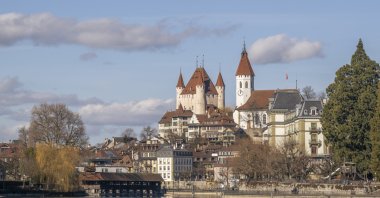 Lake Thun with Thun Castle majestically rising in the background in Bern Canton, Switzerland, March 6, 2024. (Getty Images)
