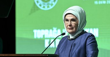 Emine Erdoğan speaks at the &quot;Women Leaving Marks on the Land&quot; event at the Presidential National Library, Ankara, Türkiye, Oct. 15, 2024. (AA Photo)