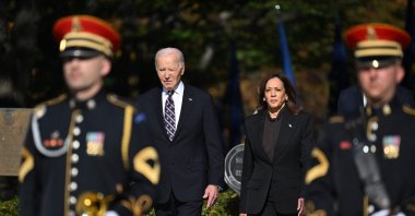 U.S. President Joe Biden (L) and Vice President Kamala Harris arrive for a wreath-laying ceremony at The Tomb of the Unknown Soldier at Arlington National Cemetery to mark Veterans Day, Arlington, Virginia, U.S., Nov. 11, 2024. (AFP Photo)