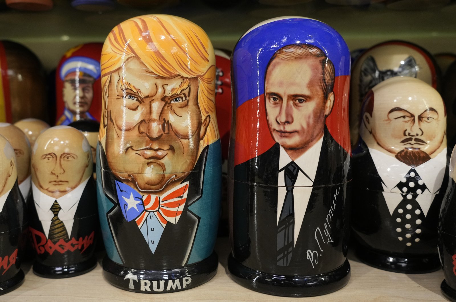 Traditional Russian wooden dolls, Matryoshka, depicting  U.S. President-elect Donald Trump and Russia&#039;s President Vladimir Putin at a souvenir shop in St. Petersburg, Russia, Nov. 6, 2024. (AP Photo)