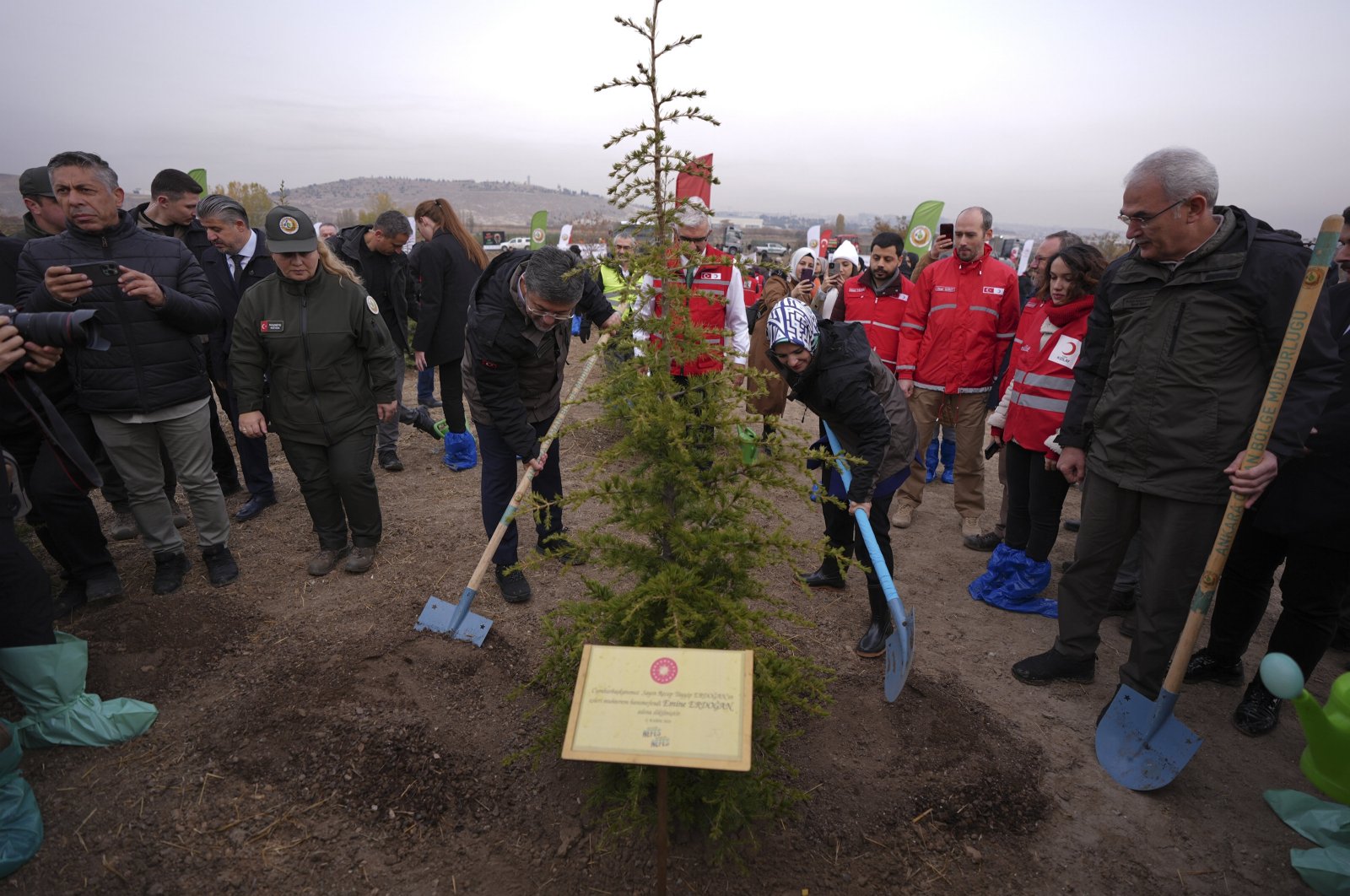 Agriculture and Forestry Minister Ibrahim Yumaklı (L) and Family and Social Services Minister Mahinur Özdemir Göktaş (R) water the saplings planted in the Gaza Memorial Forest, Ankara, Türkiye, Nov. 11, 2024. (AA Photo)