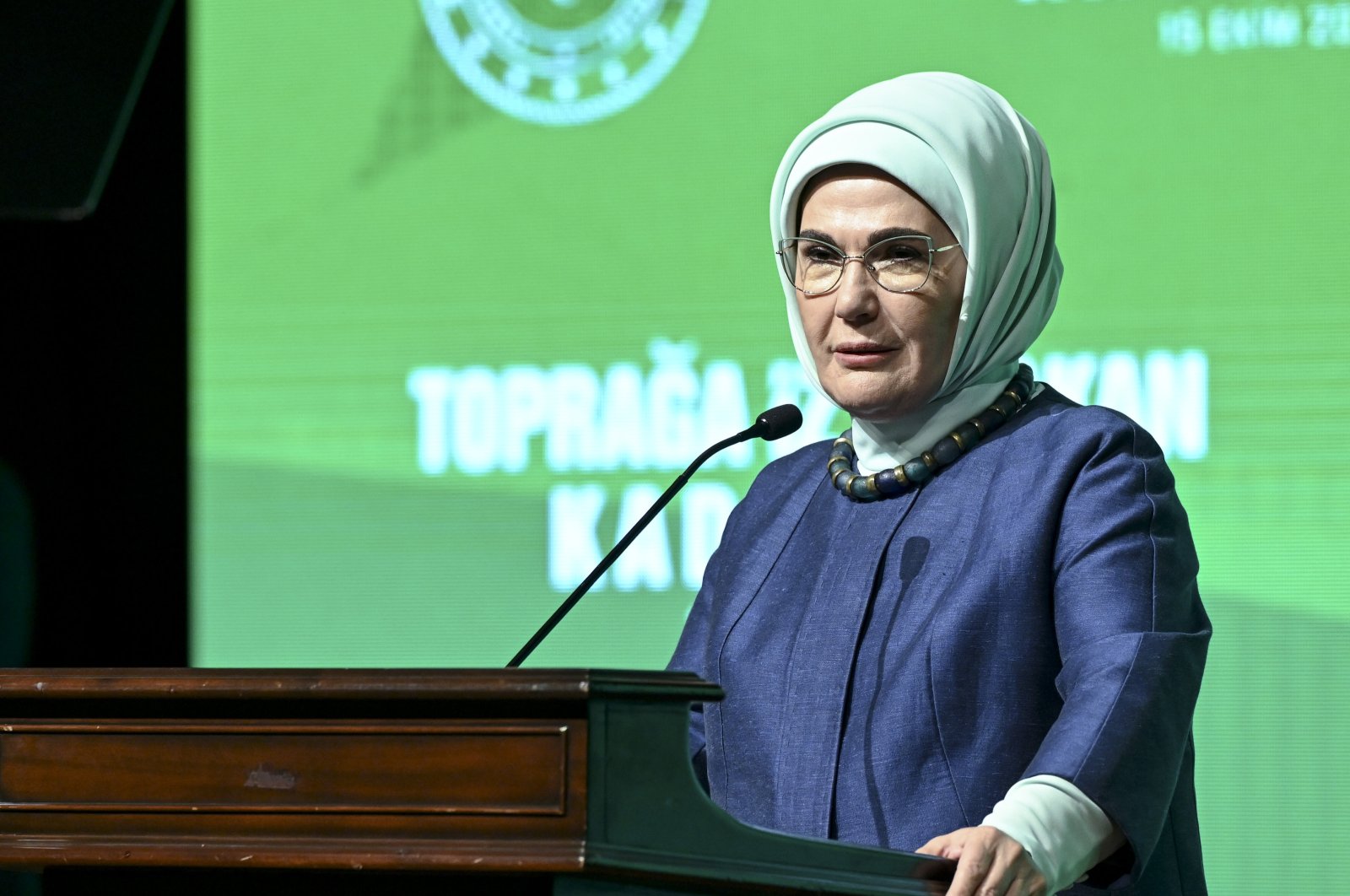Emine Erdoğan speaks at the &quot;Women Leaving Marks on the Land&quot; event at the Presidential National Library, Ankara, Türkiye, Oct. 15, 2024. (AA Photo)