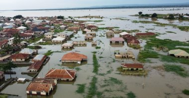 An aerial view of houses submerged under water in Adankolo, Kogi State, northcentral Nigeria, Oct. 12, 2024. (AFP Photo)