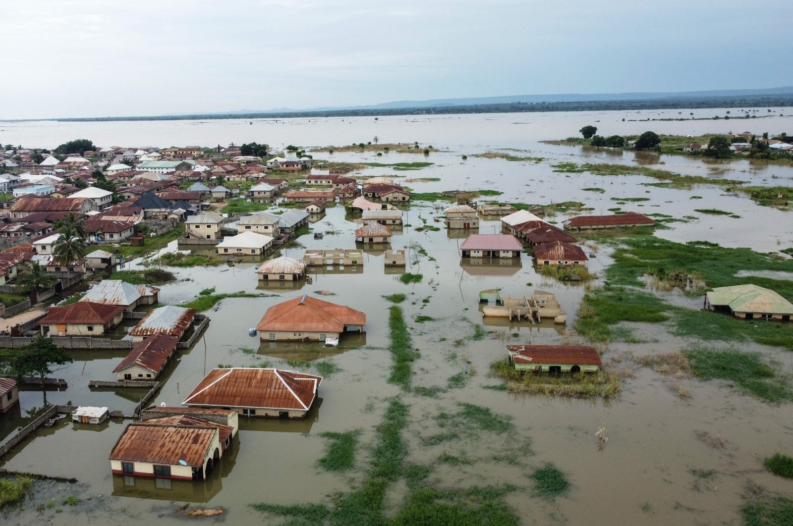 An aerial view of houses submerged under water in Adankolo, Kogi State, northcentral Nigeria, Oct. 12, 2024. (AFP Photo)