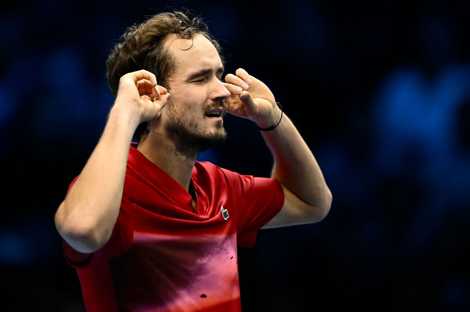 Russia&#039;s Daniil Medvedev gestures after winning his match against Australia&#039;s Alex De Minaur at the ATP Finals tennis tournament, Turin, Italy, Nov. 12, 2024. (AFP Photo)