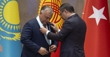 Hungarian Prime Minister Viktor Orban receives the Supreme Order of Turkic World award at the 11th summit of the Organization of Turkic States, Bishkek, Kyrgyzstan, Nov. 6, 2024. (AA Photo)