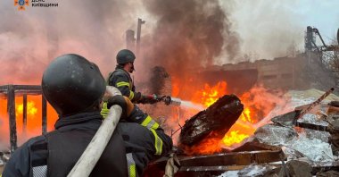 Firefighters work at the site where an industrial area was hit by a Russian missile strike, amid Russia’s attack on Ukraine, Kyiv, Ukraine, Nov. 13, 2024. (Reuters Photo)