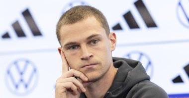 Germany's midfielder Joshua Kimmich speaks during a press conference in Frankfurt, Germany, ahead of a Nations League match, Frankfurt, Germany, Nov. 13, 2024. (AP Photo)