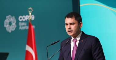 Environment, Urbanization and Climate Change Minister Murat Kurum announces Türkiye&#039;s Climate Roadmap at the Baku Olympic Stadium within the scope of the COP29, Baku, Azerbaijan, Nov. 12, 2024. (AA Photo)