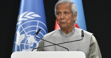 Bangladesh&#039;s interim leader Muhammad Yunus gives a speech during the United Nations Climate Change Conference (COP29), Baku, Azerbaijan, Nov. 13, 2024. (AFP Photo)