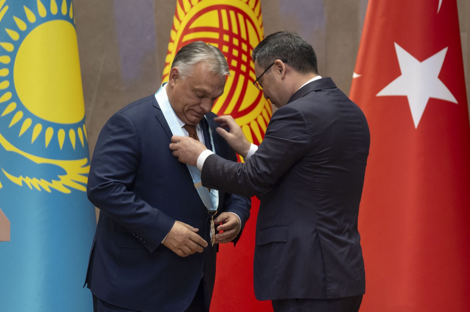 Hungarian Prime Minister Viktor Orban receives the Supreme Order of Turkic World award at the 11th summit of the Organization of Turkic States, Bishkek, Kyrgyzstan, Nov. 6, 2024. (AA Photo)