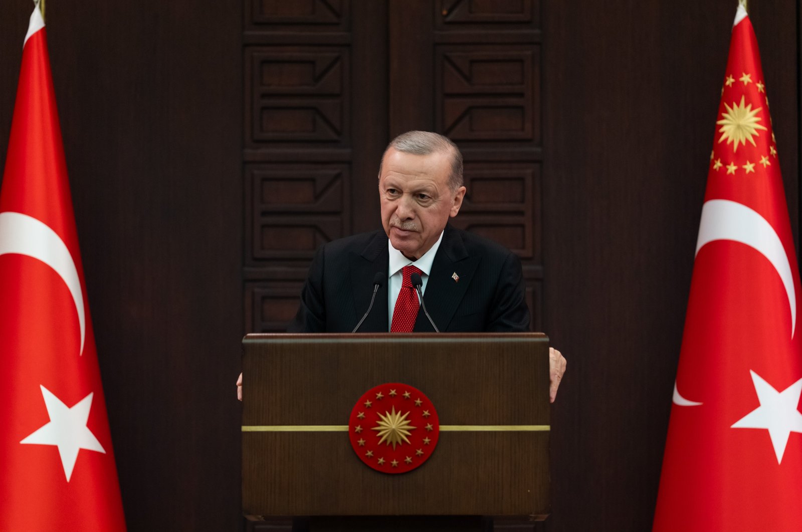 President Recep Tayyip Erdoğan delivers a speech at a Cabinet meeting in the capital Ankara, Türkiye, Nov. 10, 2024. (AA Photo)