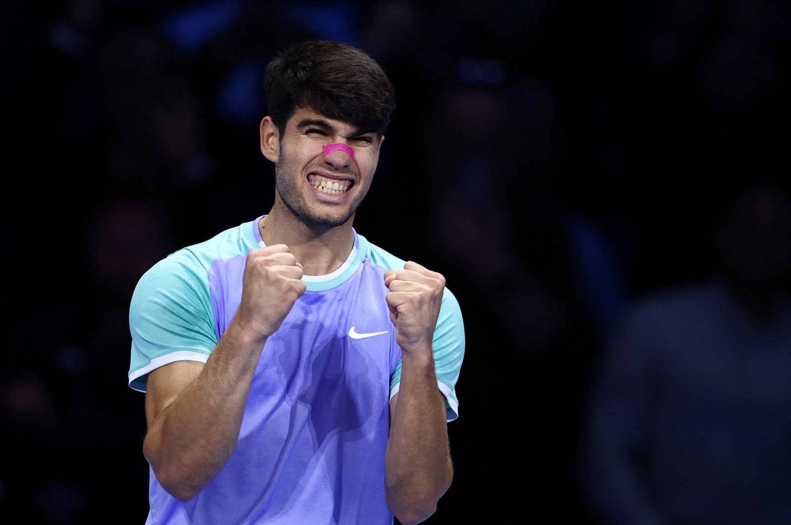 Spain&#039;s Carlos Alcaraz celebrates after winning his ATP Finals singles group stage match against Russia&#039;s Andrey Rublev at the Inalpi Arena, Turin, Italy, Nov. 13, 2024. (Reuters Photo)