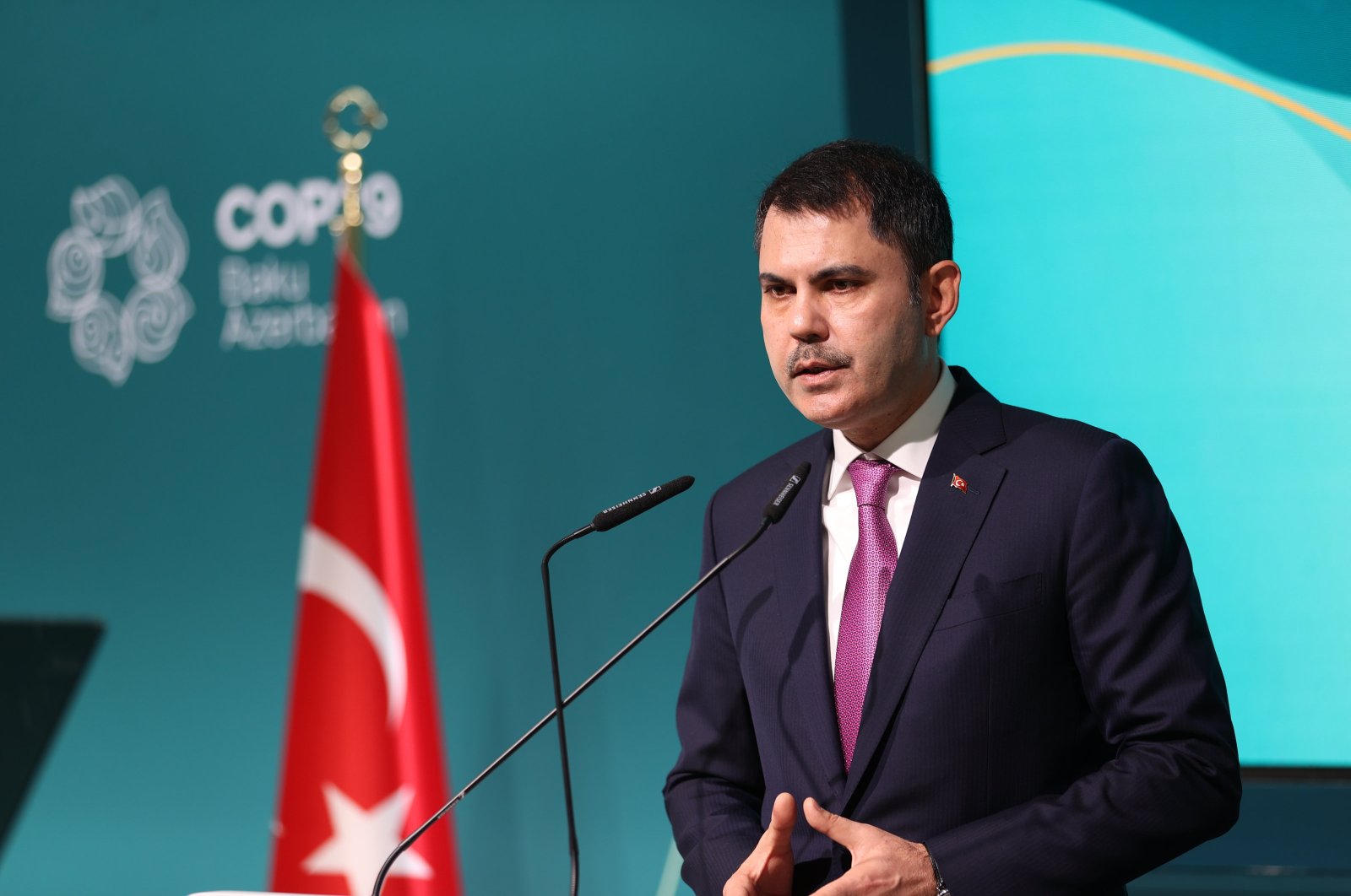 Environment, Urbanization and Climate Change Minister Murat Kurum announces Türkiye&#039;s Climate Roadmap at the Baku Olympic Stadium within the scope of the COP29, Baku, Azerbaijan, Nov. 12, 2024. (AA Photo)