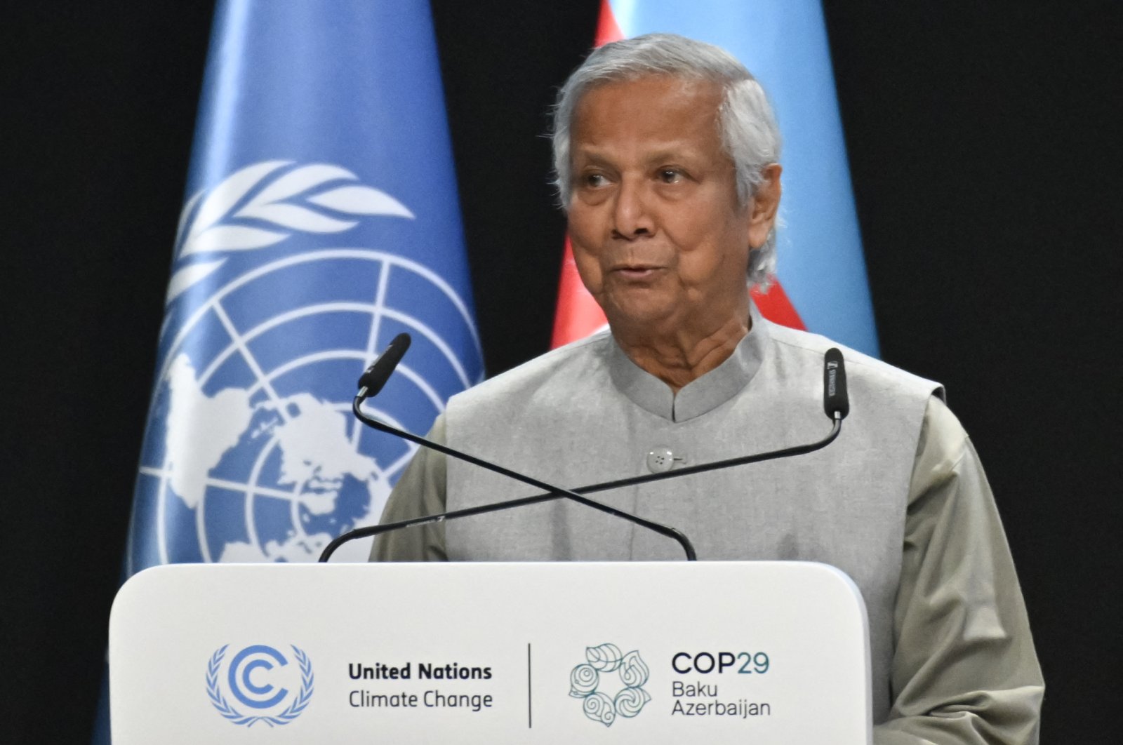 Bangladesh&#039;s interim leader Muhammad Yunus gives a speech during the United Nations Climate Change Conference (COP29), Baku, Azerbaijan, Nov. 13, 2024. (AFP Photo)