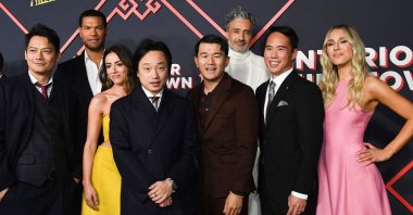 From left to right, actors Archie Kao, Sullivan Jones, Chloe Bennet, Jimmy O. Yang, Ronny Chieng, director Taika Waititi, creator Charles Yu and actress Lisa Gilroy attend the premiere of Hulu&#039;s &quot;Interior Chinatown,&quot; Los Angeles, U.S., Nov. 13, 2024. (AFP Photo)