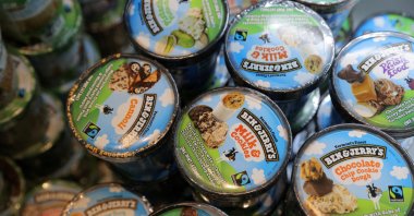 Ben &amp; Jerry's ice cream, a brand of Unilever, is seen on display in a store in Manhattan, New York City, U.S., March 24, 2022. (Reuters Photo)